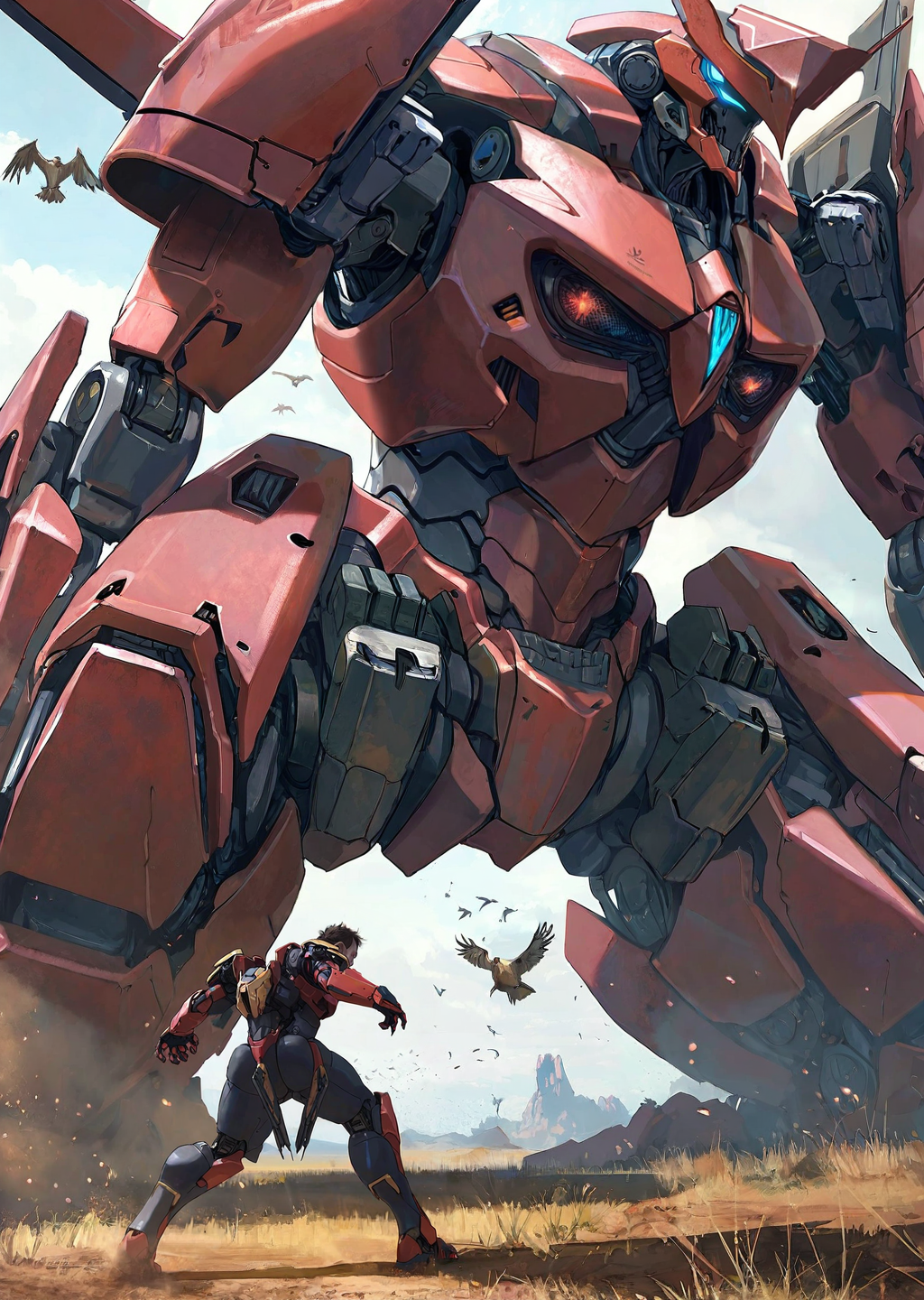 3d  realistic
close up , 
a giant mecha looking at a bird stopped on its hand 
fighting stance,  battle, 
 perspective 
ma...